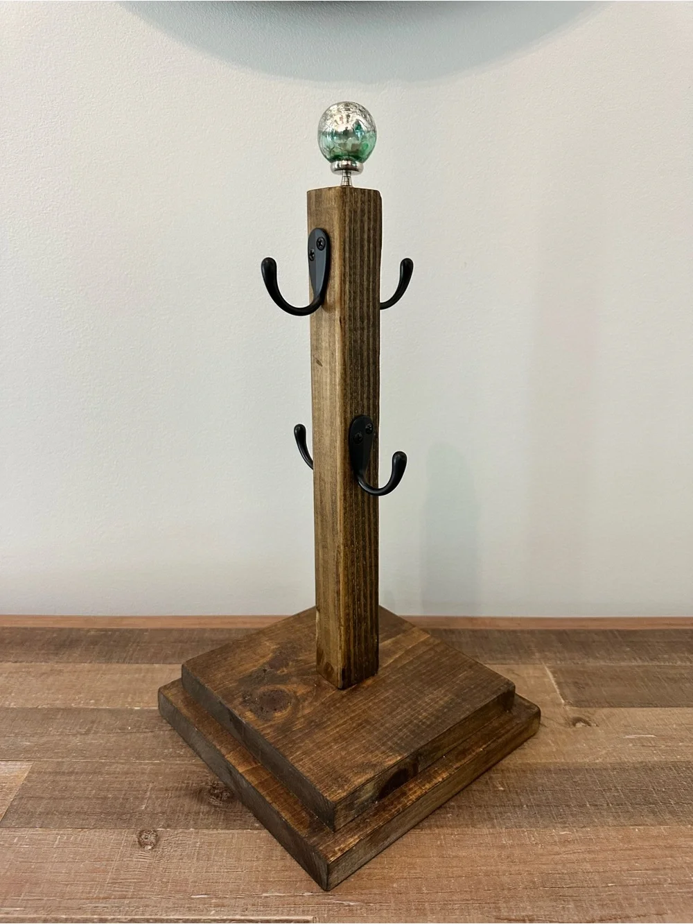 Handcrafted Rustic Wooden Coffee Mug Stand Hook Rack Green Crackled Glass Accent